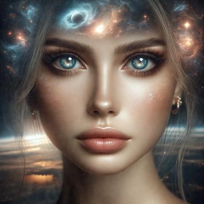 The primary subject of the image is a woman with blonde hair, blue eyes, and a pink lipstick. She is wearing a pearl necklace and has a pink lipstick on her lips. The setting is a space background, with a planet visible in the background. The visual style is a digital art, and the colors and mood are predominantly pink and blue, giving the image a warm and serene atmosphere.